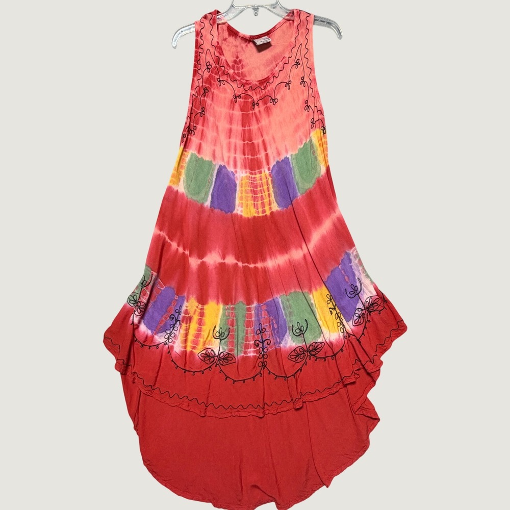 CYN‎ by Cynthia Mehra Tie Dye High Low Embroidered Dress Red Pink OSFM India